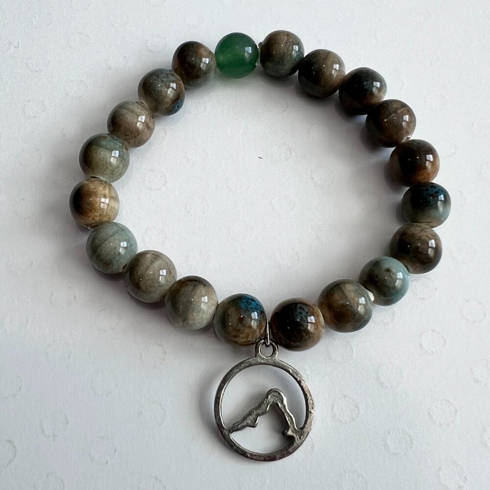 Handmade Blue and Brown Ceramic Bracelet with Yoga Pose Charm
